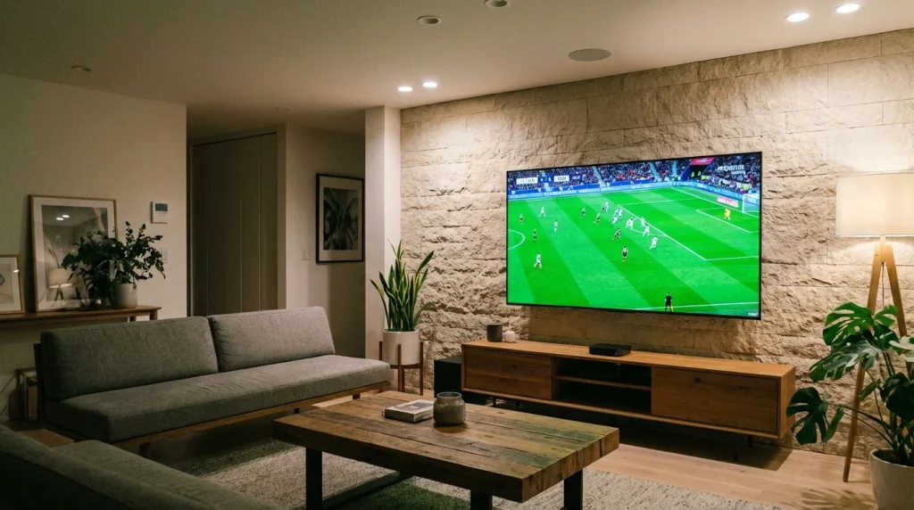 Televisor inteligente mostrando un partido de fútbol en streaming en un salón moderno