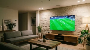 Televisor inteligente mostrando un partido de fútbol en streaming en un salón moderno