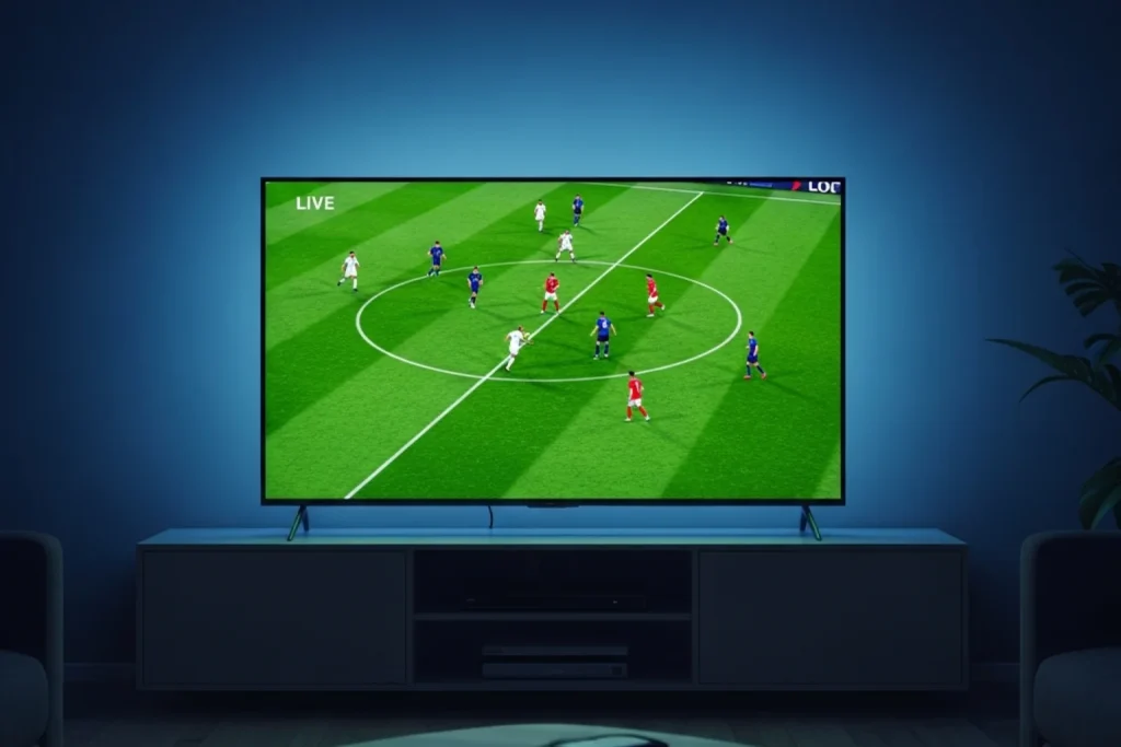 Pantalla de televisión mostrando un partido de fútbol de la MLS en directo en un salón