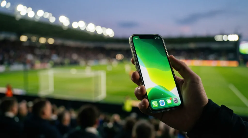 Mano sosteniendo un smartphone con la pantalla encendida en un estadio de fútbol