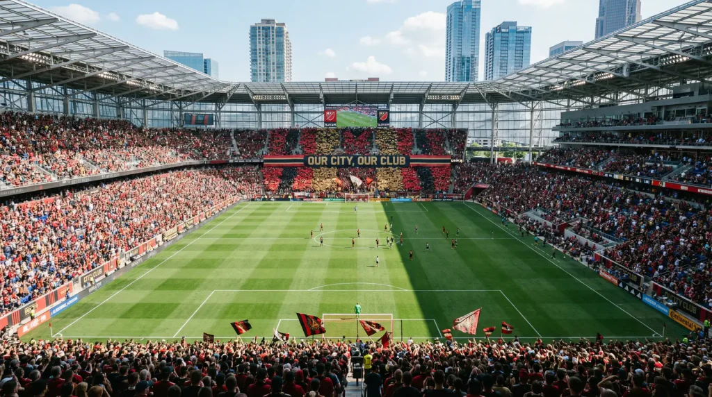Vista aérea de un estadio de fútbol de la MLS lleno de aficionados con banderas del equipo local