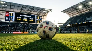 Balón de fútbol sobre césped de un estadio de la MLS con marcador electrónico mostrando cuotas de un partido