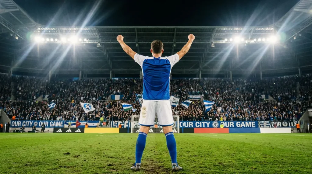 Jugador de fútbol celebrando un gol en un estadio de la MLS con afición al fondo