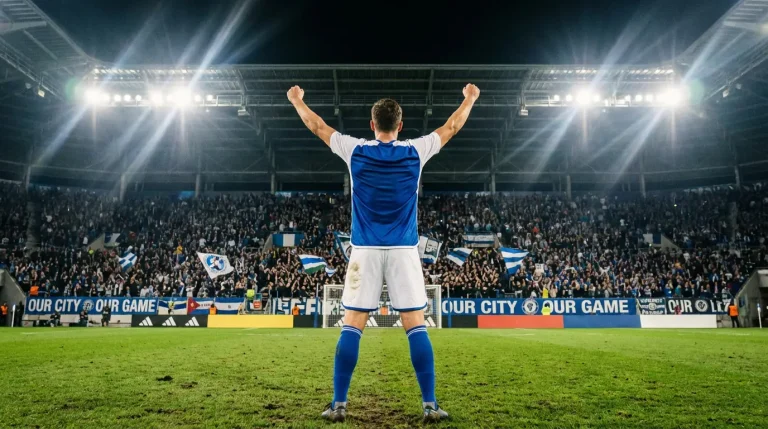 Jugador de fútbol celebrando un gol en un estadio de la MLS con afición al fondo