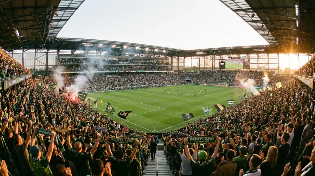Estadio de la MLS completamente lleno con aficionados animando durante un partido de fútbol