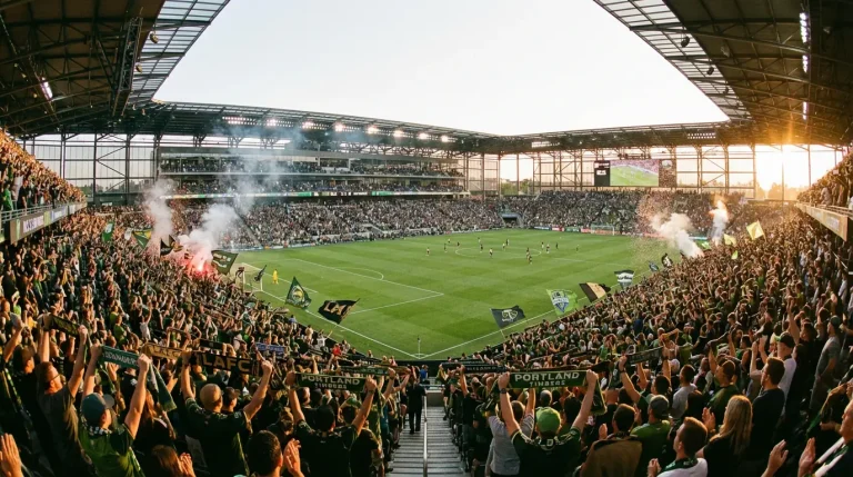 Estadio de la MLS completamente lleno con aficionados animando durante un partido de fútbol