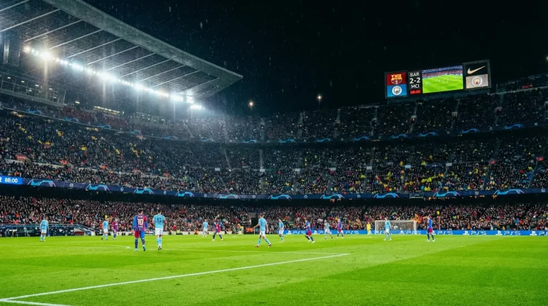 Partido nocturno de fútbol en un estadio con iluminación de competición internacional