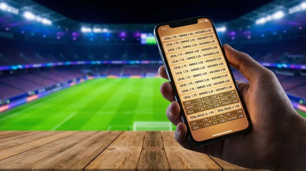 Smartphone mostrando cuotas de un partido de fútbol con un estadio de la MLS iluminado de fondo por la noche