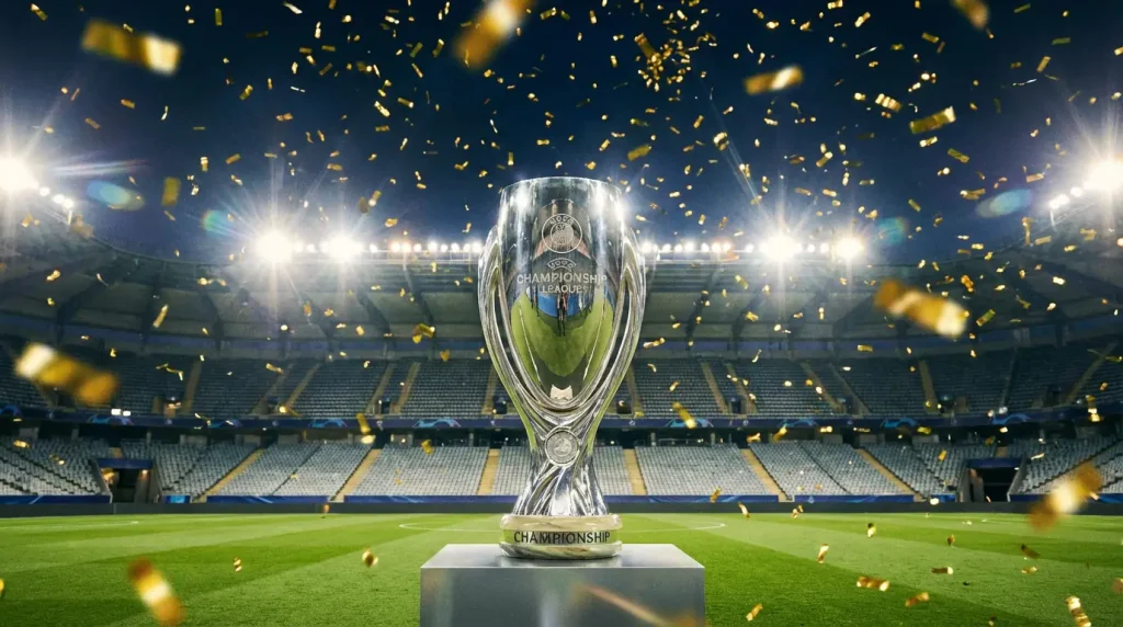 Trofeo de campeonato de fútbol sobre un podio en un estadio con confeti cayendo