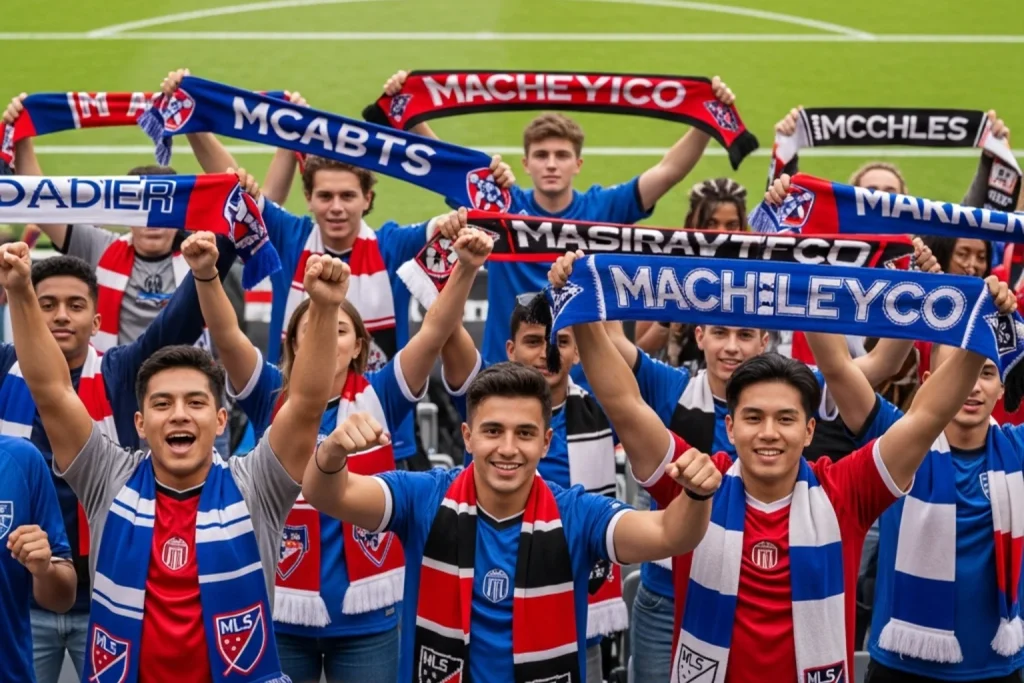 Grupo diverso de jóvenes aficionados animando en las gradas de un estadio de la MLS