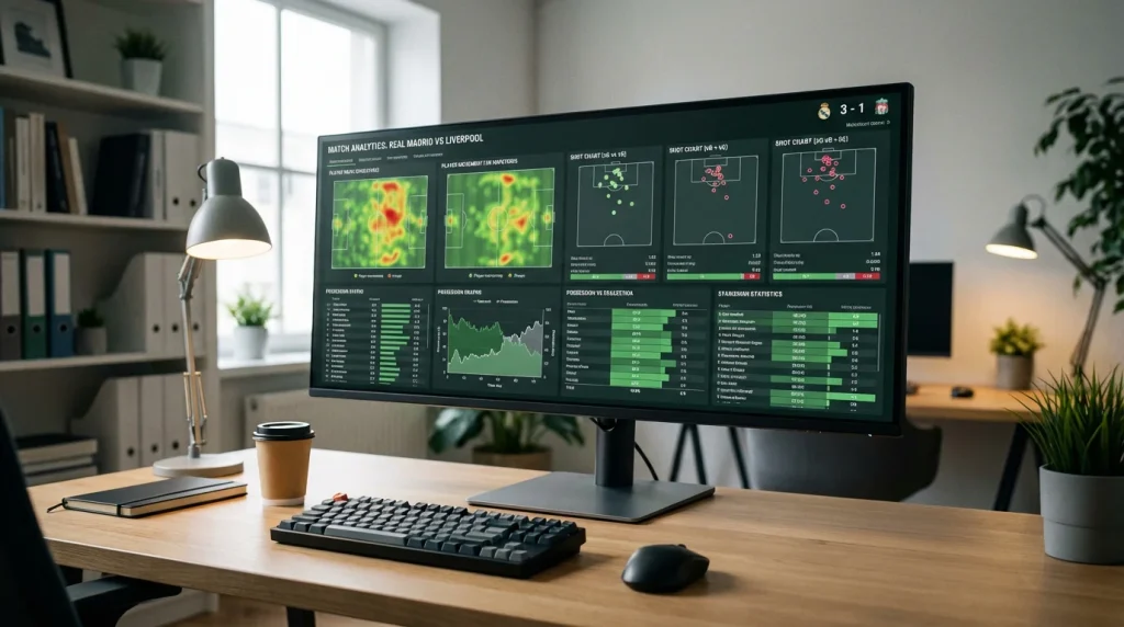 Monitor con gráficos de rendimiento y estadísticas avanzadas de fútbol de la MLS