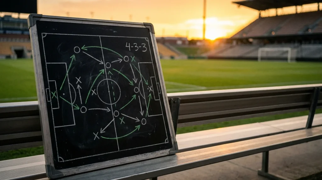 Pizarra táctica de fútbol con marcadores y flechas sobre un campo verde de la MLS visto desde las gradas