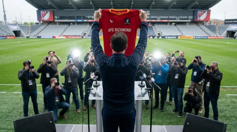 Jugador de fútbol presentado con nueva camiseta en un estadio de la MLS ante los medios