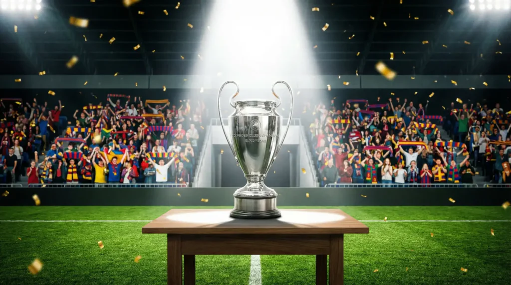 Trofeo de la MLS Cup iluminado en el centro del campo de un estadio de fútbol con gradas llenas de aficionados
