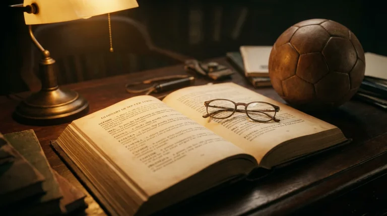 Libro abierto con terminología deportiva junto a un balón de fútbol sobre un escritorio