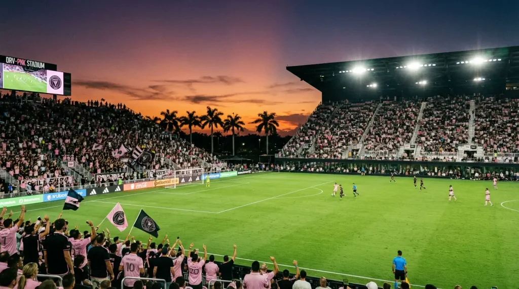 Estadio de fútbol de Inter Miami con el campo iluminado y aficionados en las gradas