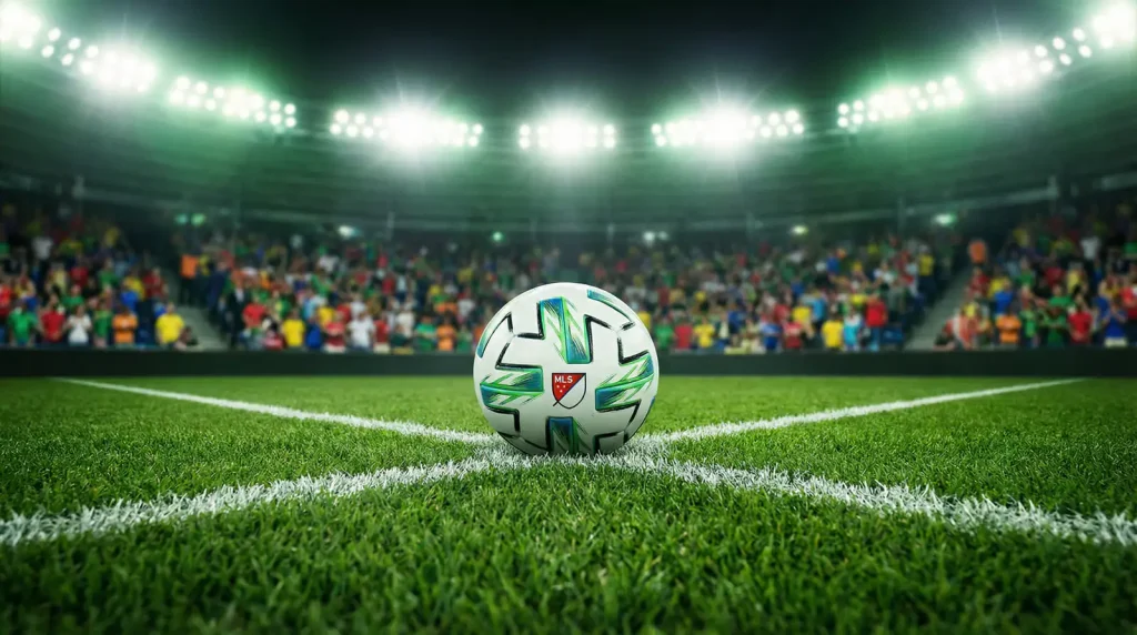Balón de fútbol sobre césped verde con líneas de campo iluminadas bajo focos de un estadio de la MLS
