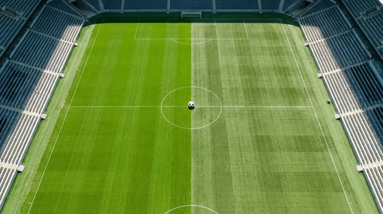 Campo de fútbol dividido mostrando césped americano y europeo en un estadio moderno