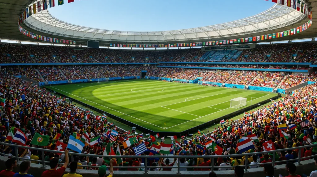 Estadio de fútbol con banderas de múltiples países ondeando bajo un cielo despejado antes de un partido del Mundial 2026