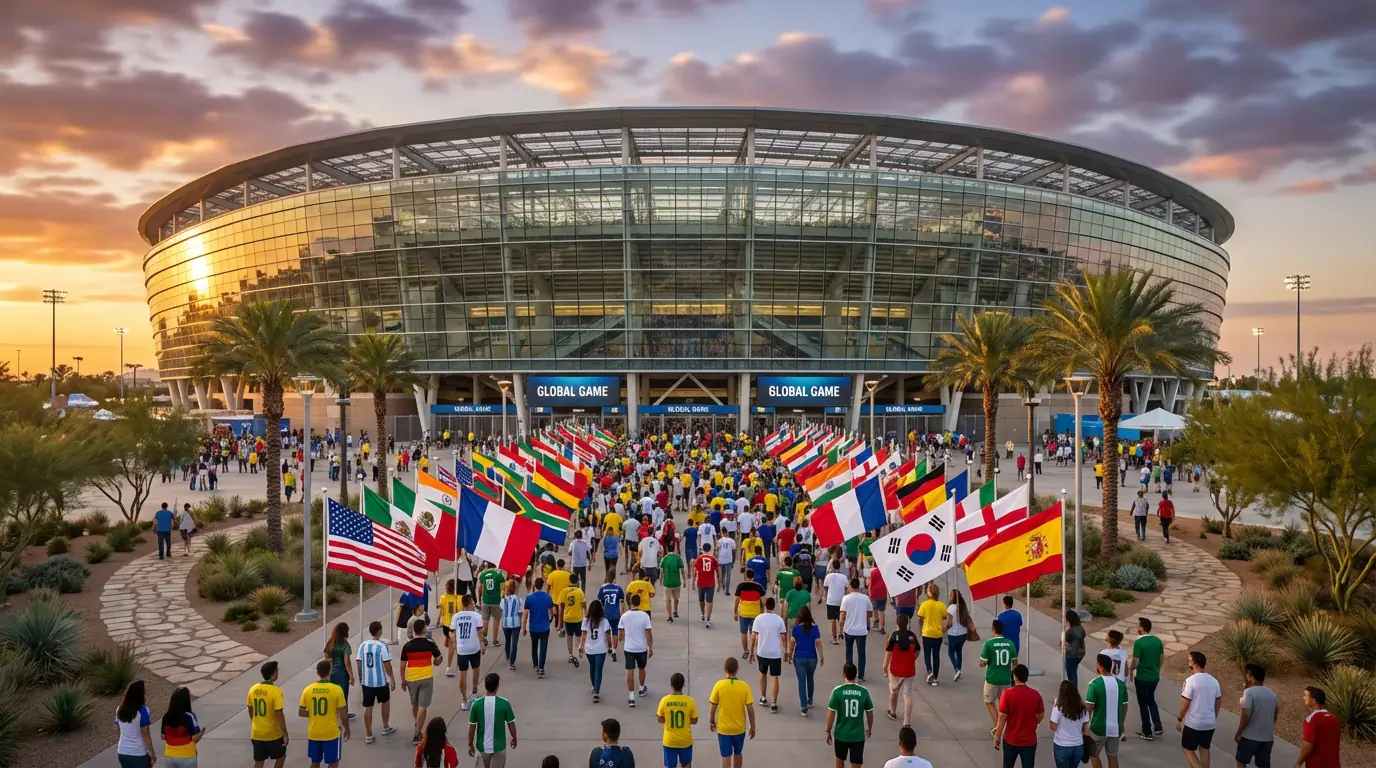 Estadio de fútbol en Estados Unidos preparado para el Mundial 2026 con banderas internacionales