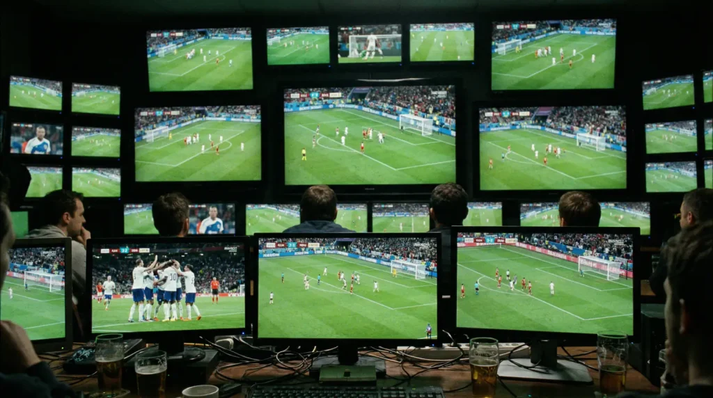 Varios partidos de fútbol de la MLS mostrados simultáneamente en múltiples pantallas