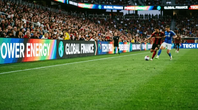 Paneles publicitarios en el borde de un campo de fútbol de la MLS durante un partido