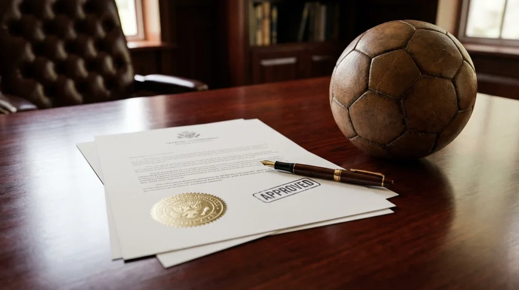 Documento oficial con sello regulatorio junto a un balón de fútbol sobre un escritorio