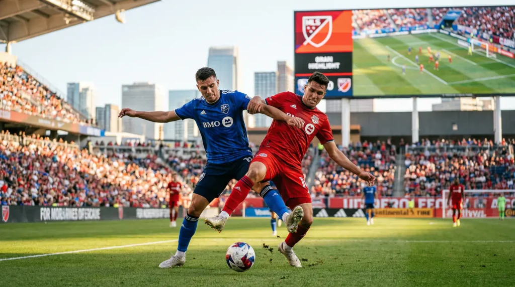Jugadores de fútbol de dos equipos equilibrados disputando un balón en un campo de la MLS