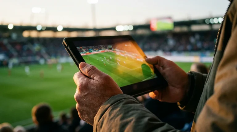 Persona viendo un partido de fútbol en directo en una tablet con un estadio al fondo