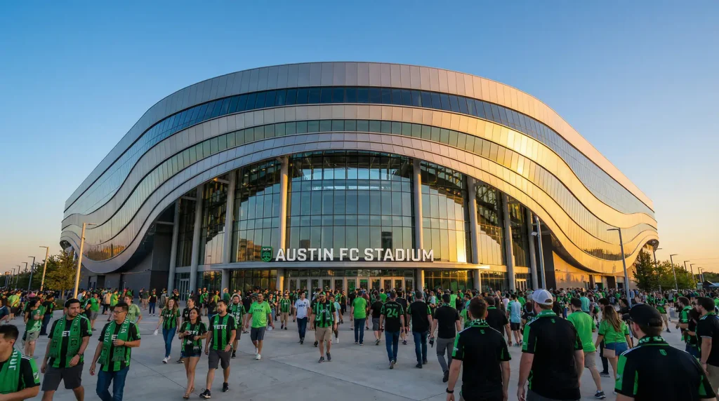 Exterior de un estadio moderno de la MLS con arquitectura de vanguardia y aficionados llegando