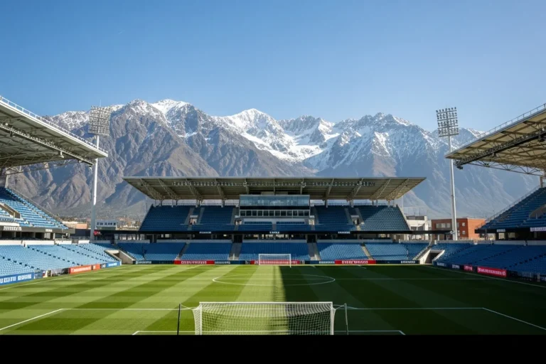 Estadio de fútbol de la MLS con montañas nevadas al fondo y cielo despejado